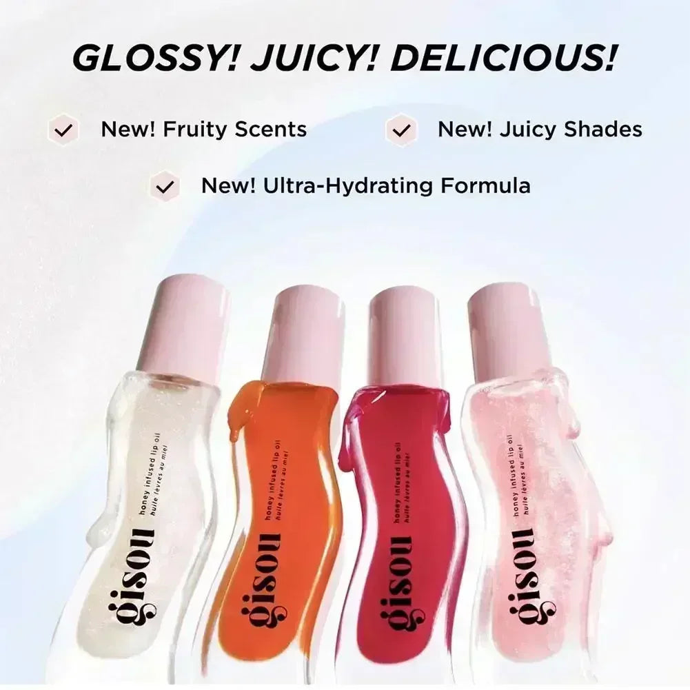 Gisou moisturizing honey-infused lip oils in four glossy, juicy shades for hydrating, line-reducing lip care.