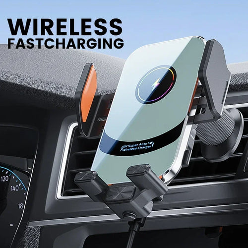 Tidesmit silver and black plastic car vent mount with wireless charging, phone cradle, and orange side grip accents.