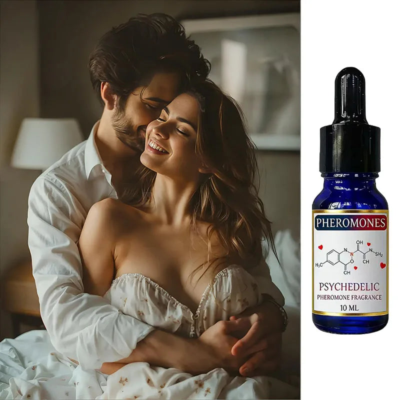 Psychedelic Pheromone fragrance oil for men in a 10ml blue glass dropper bottle for attraction and date nights.