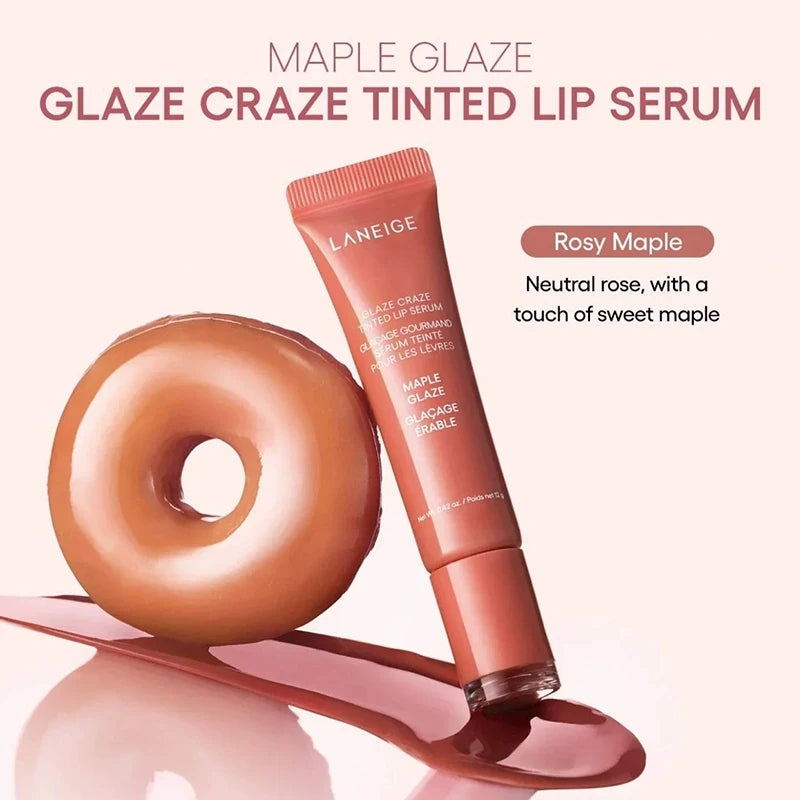 Laneige Maple Glaze tinted lip serum in neutral rose with a glossy, moisturizing finish and soft donut aesthetic.