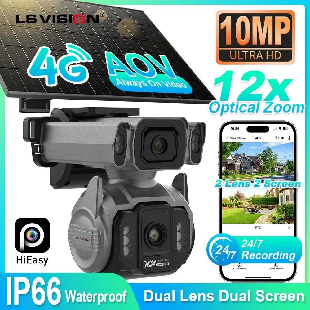 LS VISION 24/7 Video Recording 12X Optical Zoom Solar Outdoor Surveillance Camera 4G SIM Dual Screen Aov Ai Humanoid Tracking