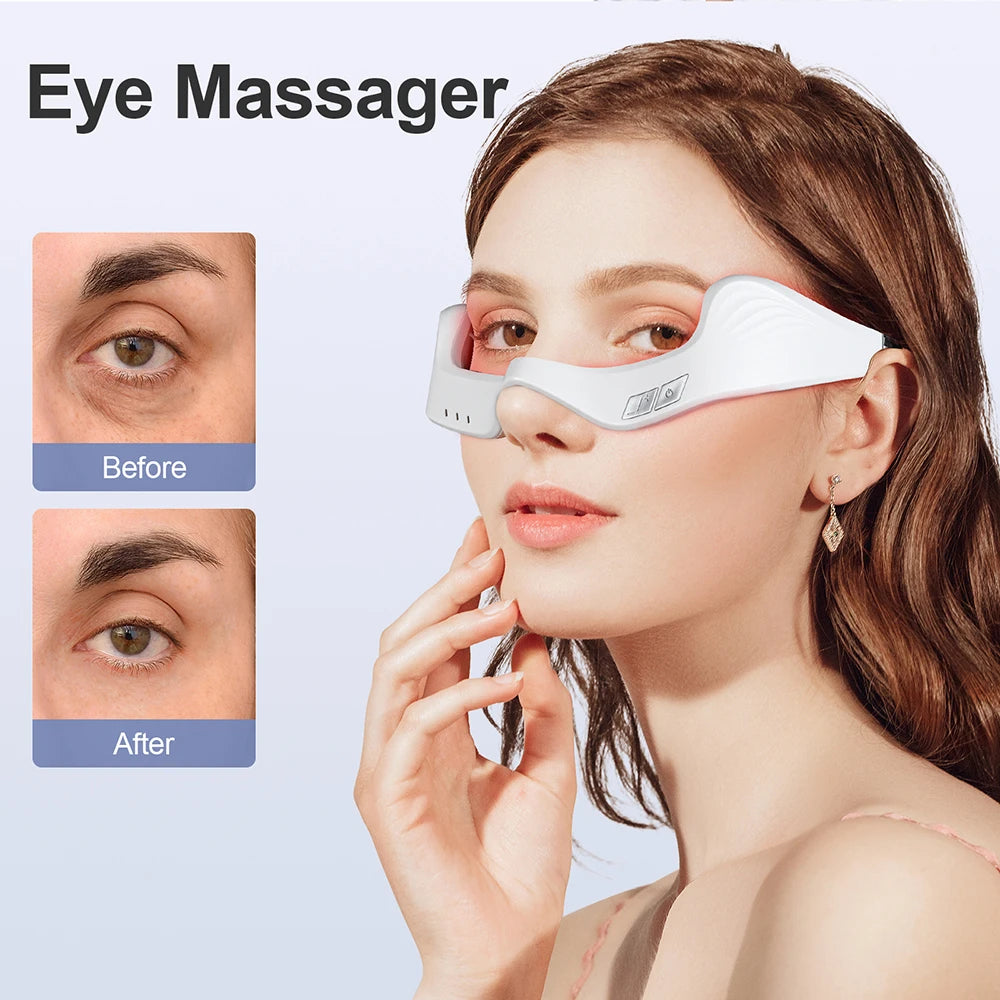 Woman wearing white electric red light under-eye massager glasses for fatigue relief and anti-wrinkle treatment.