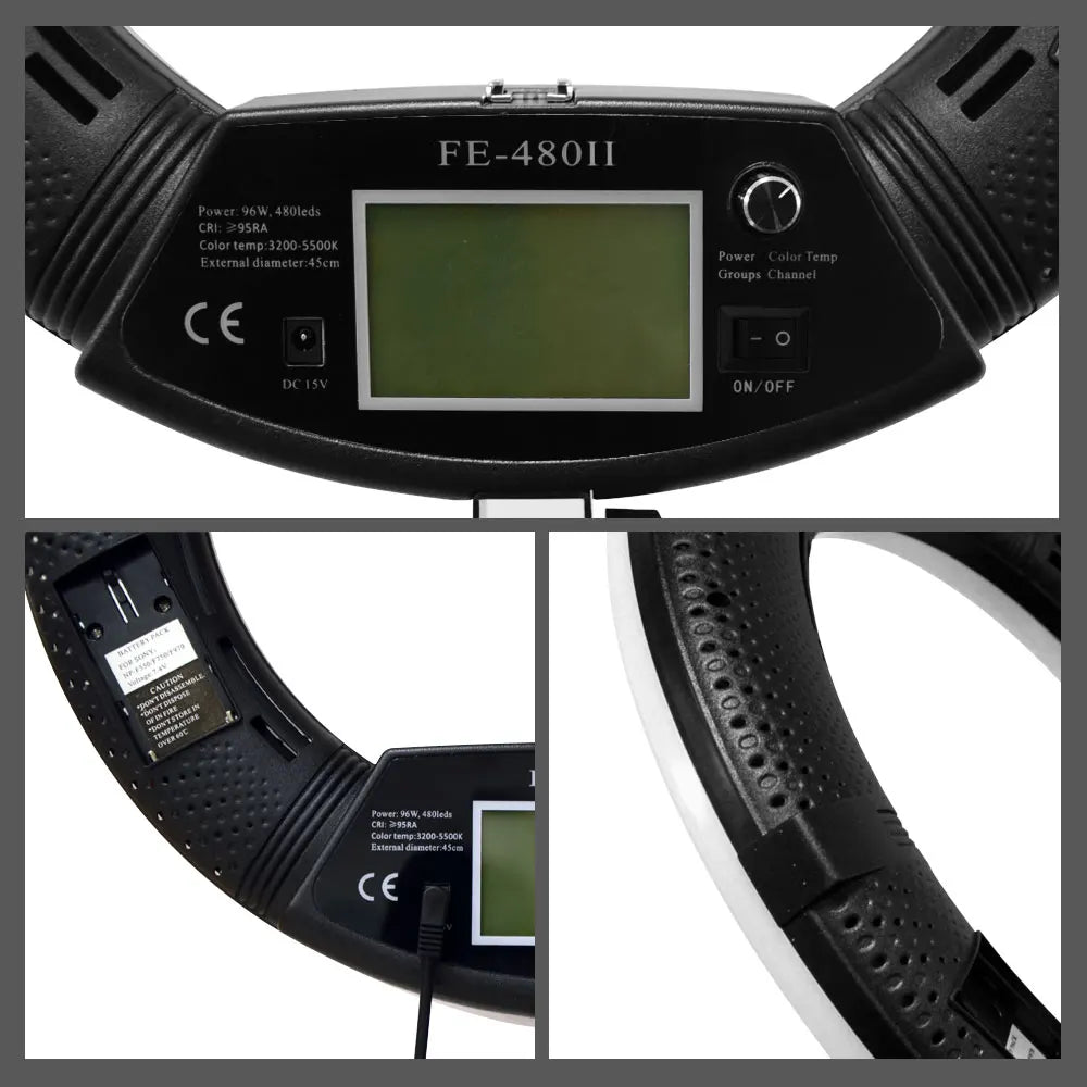 Black 45cm ring light with LCD display, control dial, power switch, and battery mount for photography lighting.