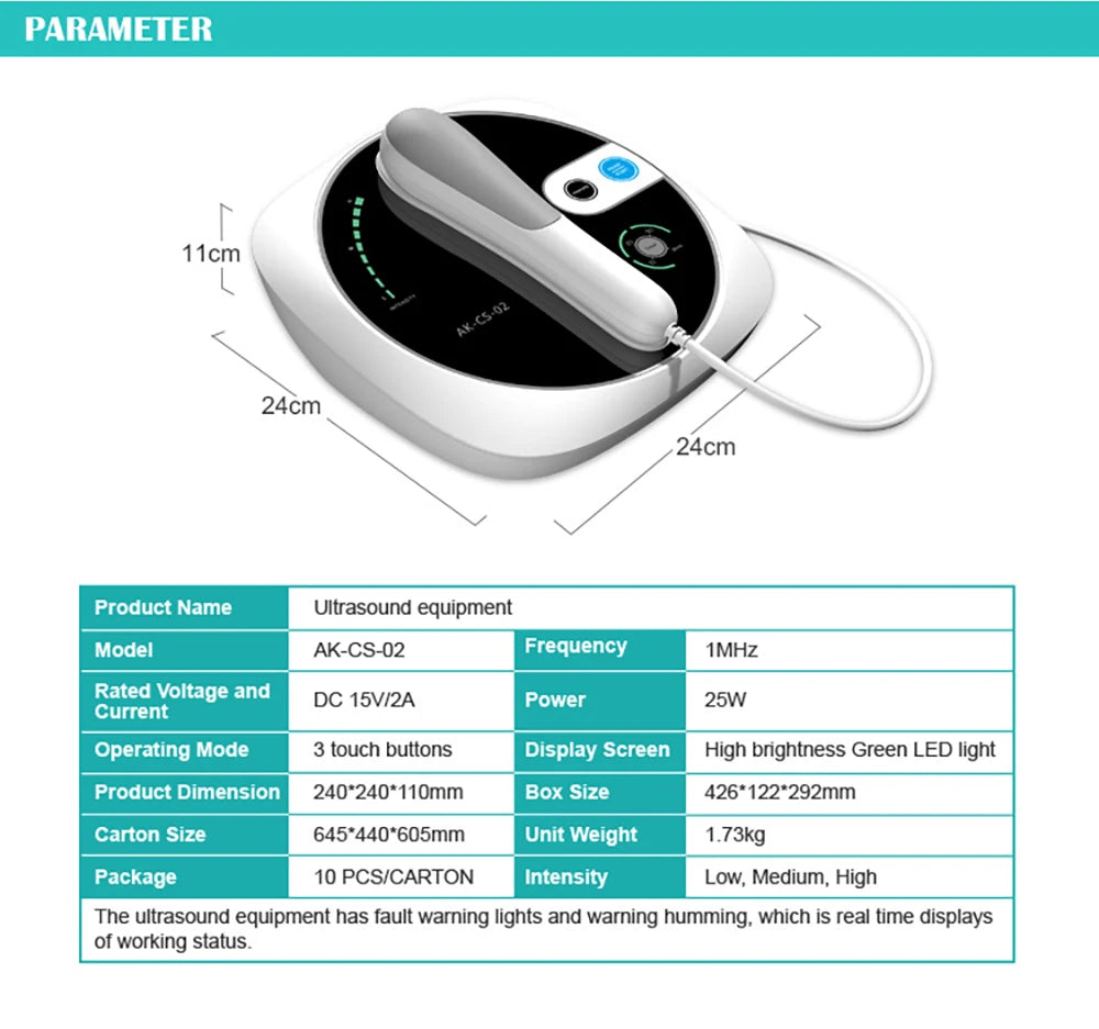 1MHz ultrasound physiotherapy device for home pain relief, featuring a white/black console, wand, and LED indicators.