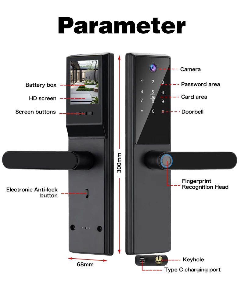 Tuya WiFi Digital Electronic Smart Door Lock with Camera Photo Capture for Residential and Apartment Entrance doors