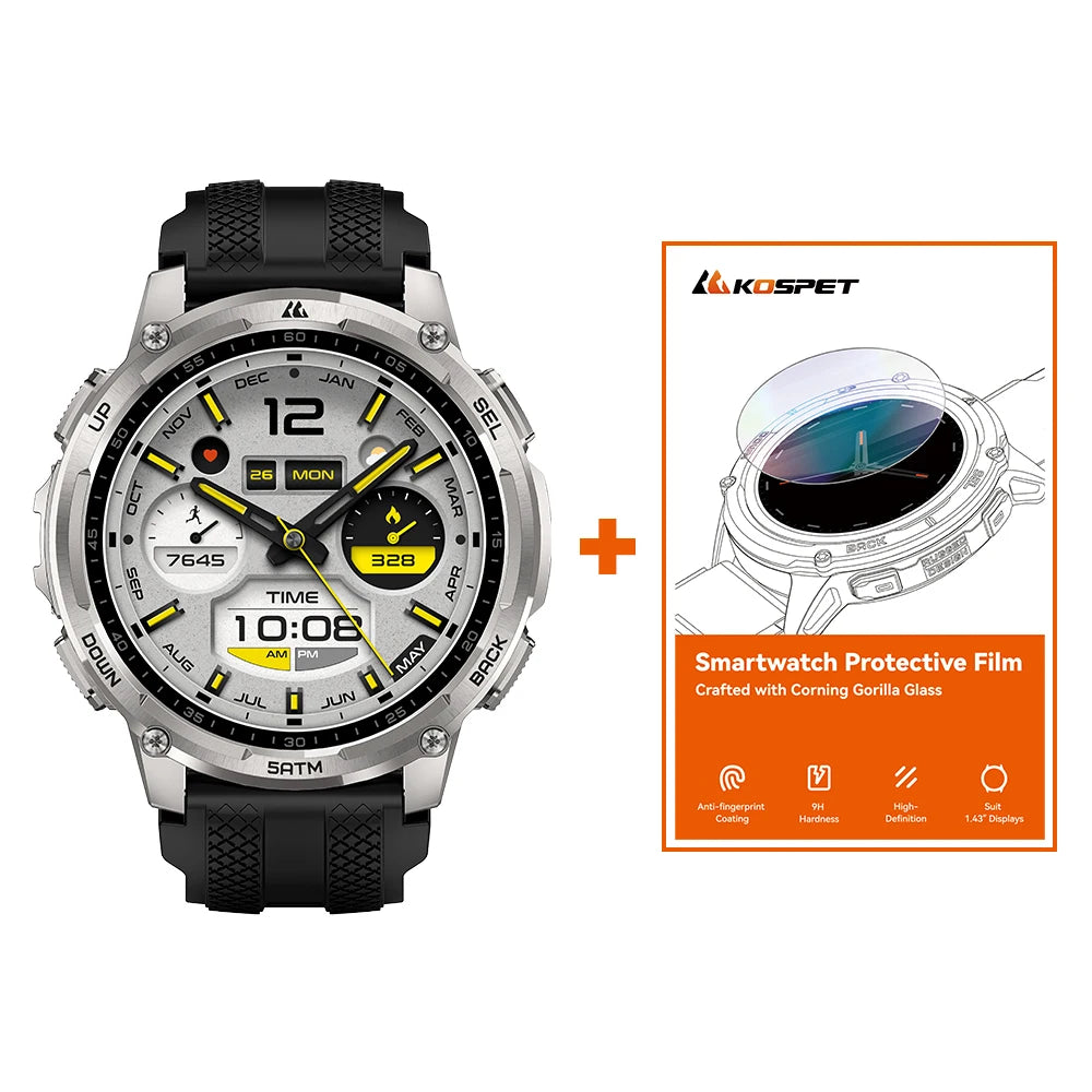 KOSPET TANK T4C Men's Military Smartwatch Rugged GPS Watch with Flashlight 5ATM Waterproof & All-Day Health Tracking