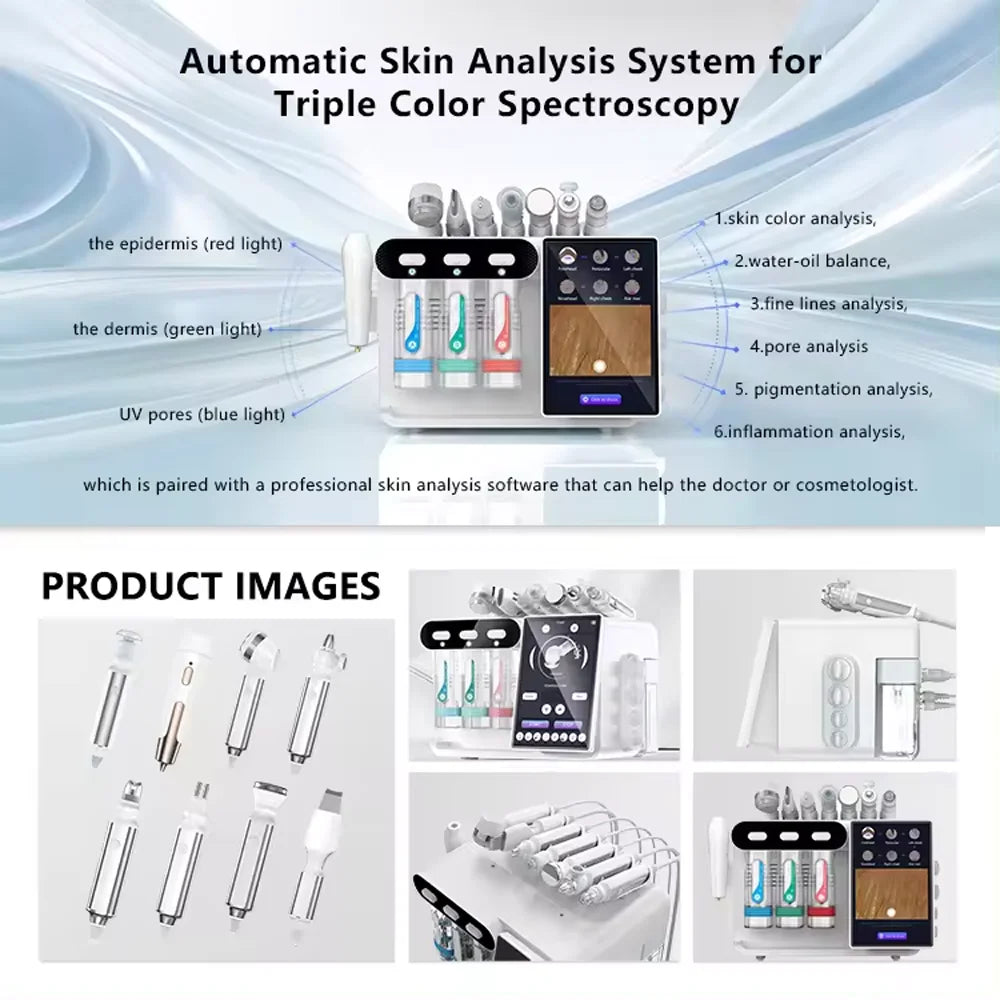 8-in-1 hydro facial machine with skin analysis, ultrasonic probes, and deep cleansing water peeling for spa use.