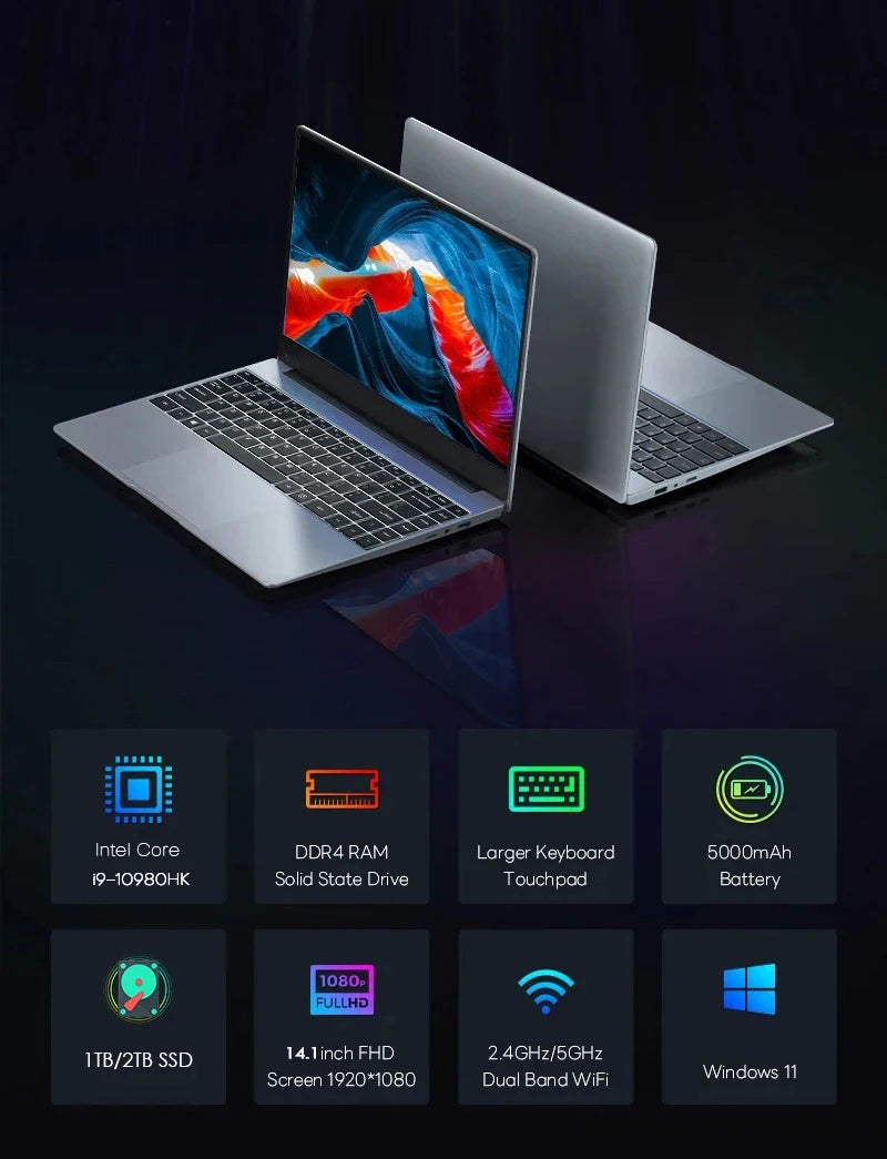 2026 Portable Laptop Computer Intel Core i9 10980HK/N150 Windows 11 Gaming Notebook 16GB RAM 1TB SSD WiFi6 14.1" Office Laptop