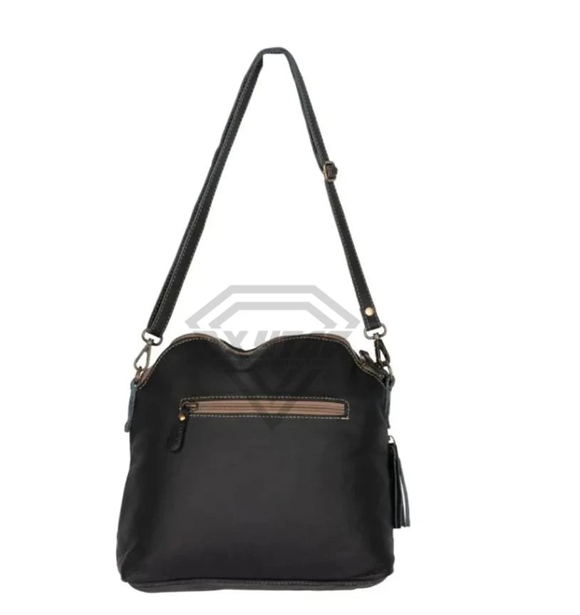 Black handmade leather crossbody shoulder bag with zipper pocket and tassel, premium designer style.
