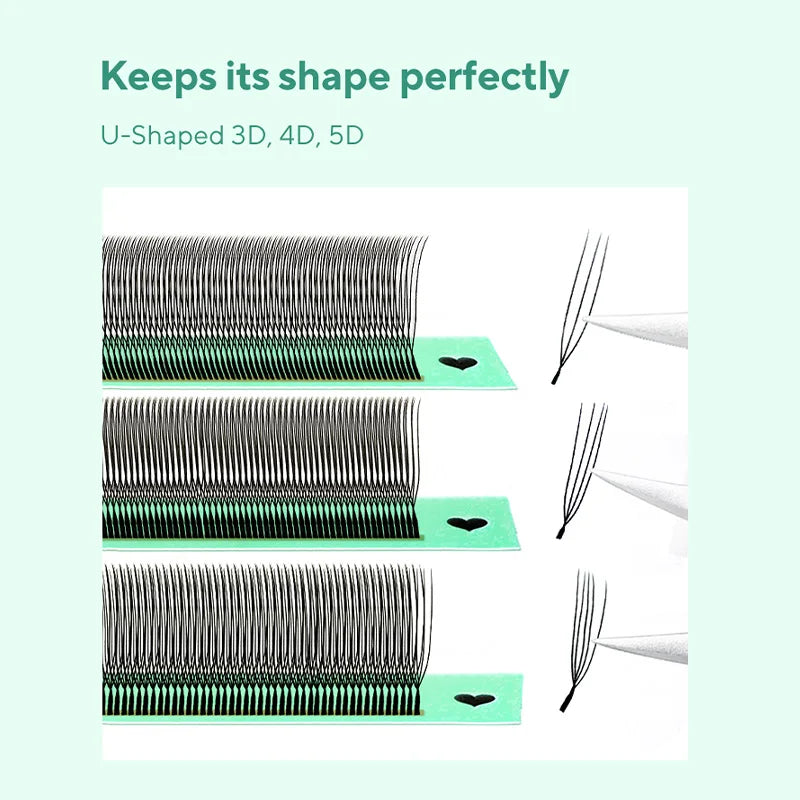 Black U-shaped 3D, 4D, and 5D premade eyelash extension fans on green adhesive strips with tweezers.