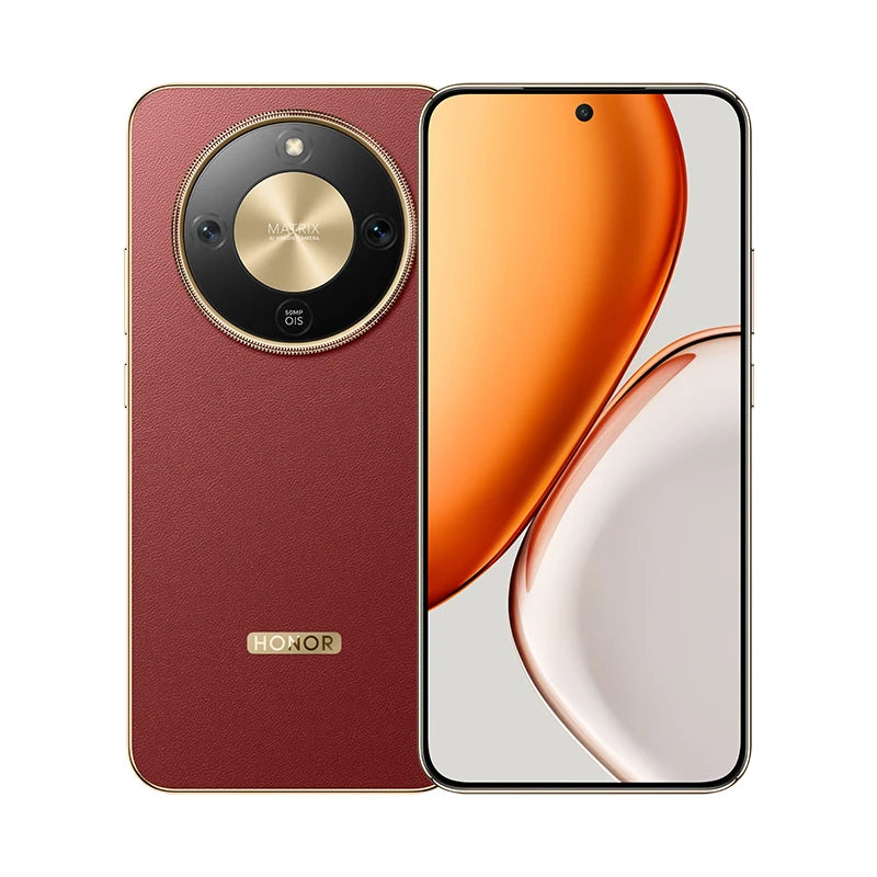Honor X70 red leather smartphone, front and rear views, 50MP camera, 6.79-inch AMOLED display, 120Hz, 8300mAh battery.