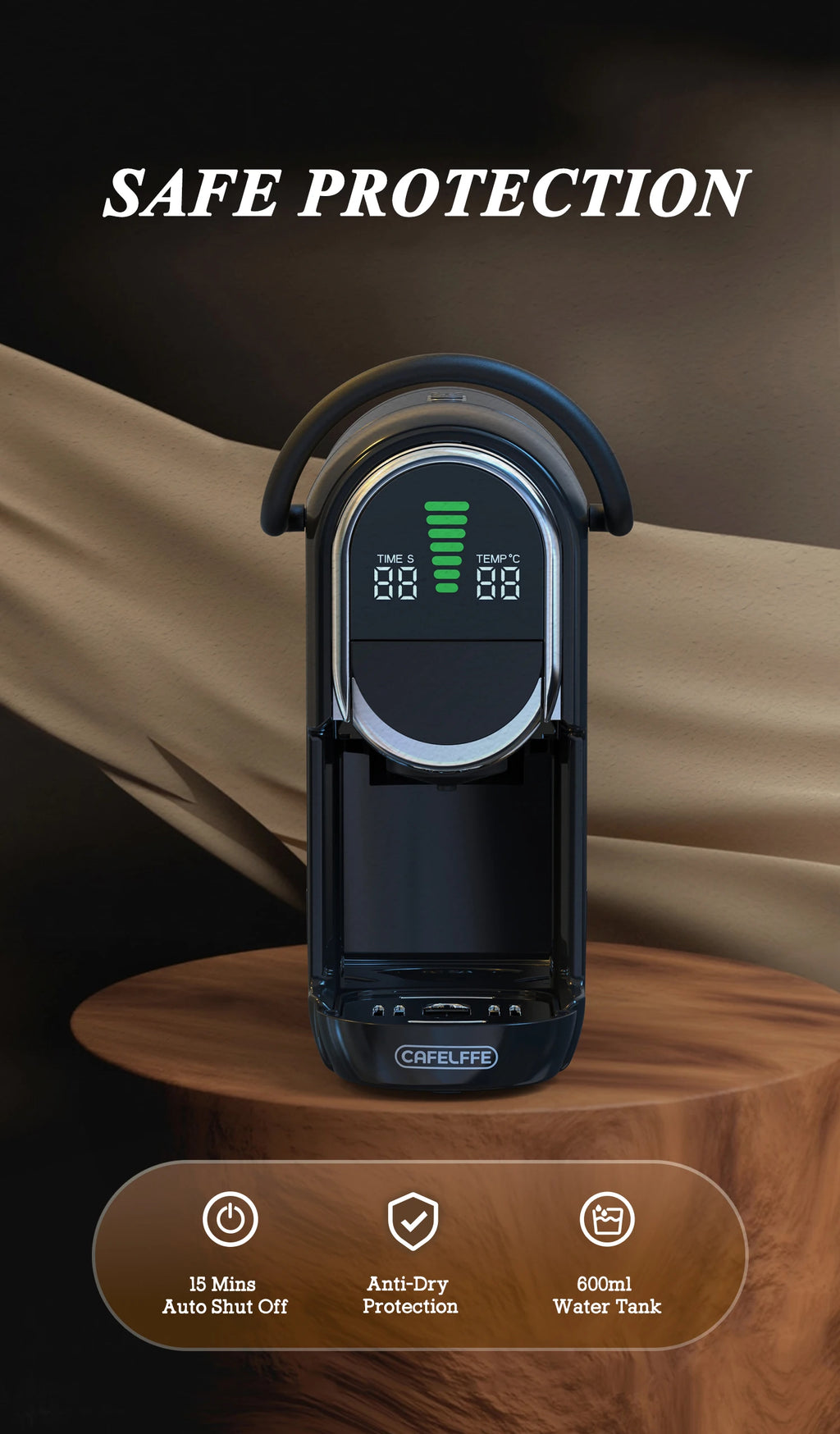 Black Cafelffe capsule coffee maker with digital display, 600ml water tank, and safety auto-shutoff features.