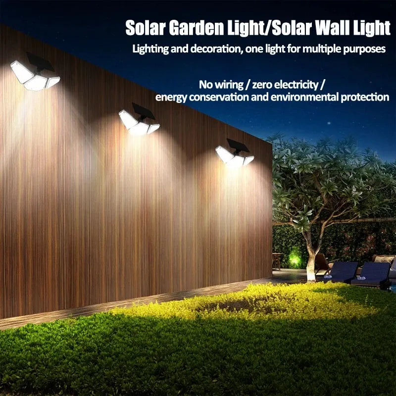 Outdoor solar garden wall lights with three heads casting light along a walkway
