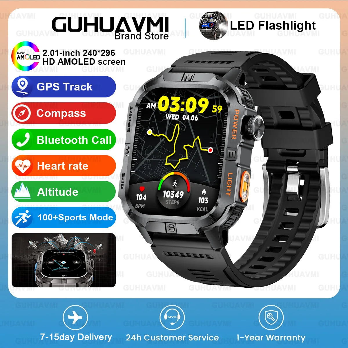 2026New Outdoor Military Men's Smartwatch, Equipped With GPS LED Lighting, Compass, Wireless Communication IP68 Waterproof Watch