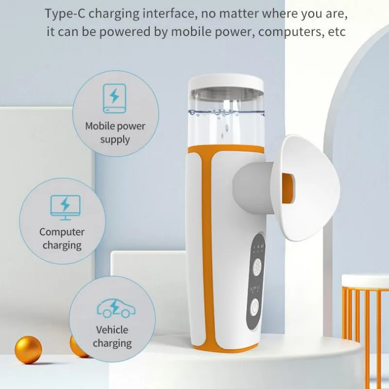 Portable USB rechargeable hot and cold eye misting moisturizer device with white and orange design and eye mask cup.