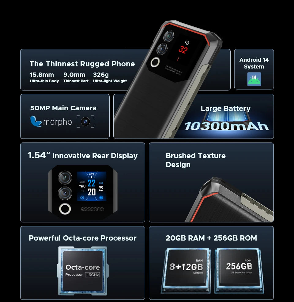 DOOGEE Blade10 Max Rugged Phone 6.56" 90Hz IPS Display 8GB 256GB 1.54" Rear Display 50MP AI Main Camera 10300mAh Battery Phone