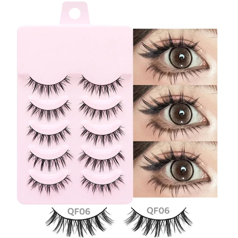 Five pairs of wispy, black manga-style false eyelashes on a pink tray, shown applied for a natural anime eye look.