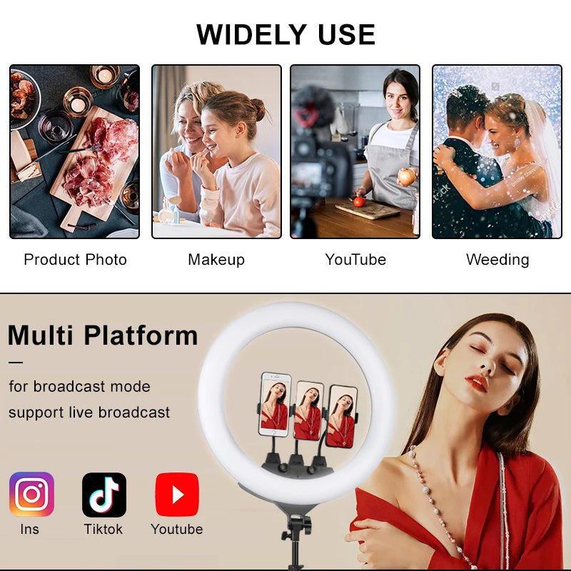 Large white circular LED ring light with three phone mounts for live streaming, makeup, and photography.