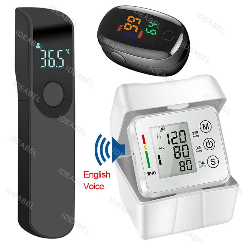Wrist Blood Pressure Monitor LED English Voice Broadcast Tonometer BP Monitor Non Contact Infrared Medical Thermometer