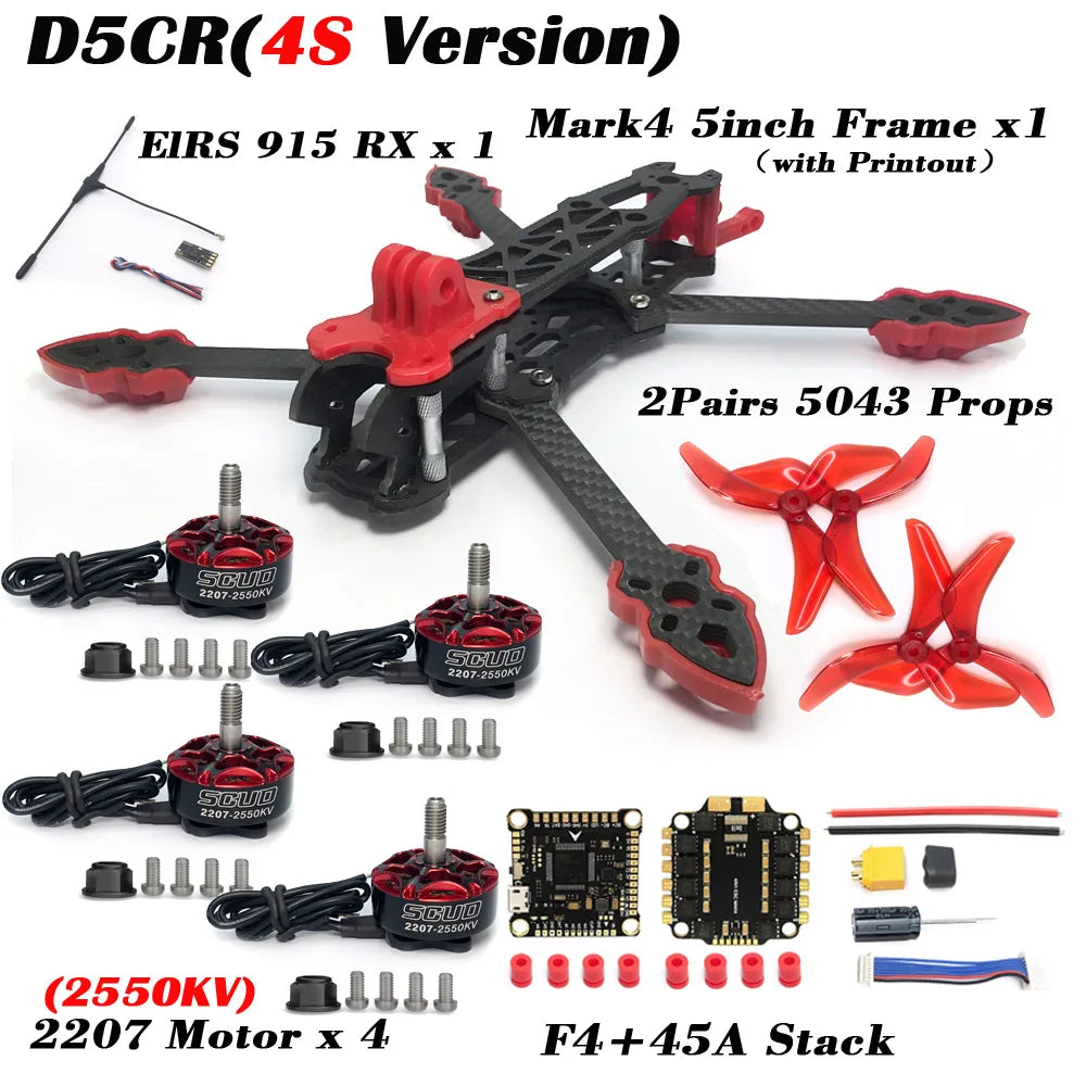 5 Inch FPV Racing Drone Kit - Carbon Fiber Frame 6S Performance D5CR 4S Version Tidesmit