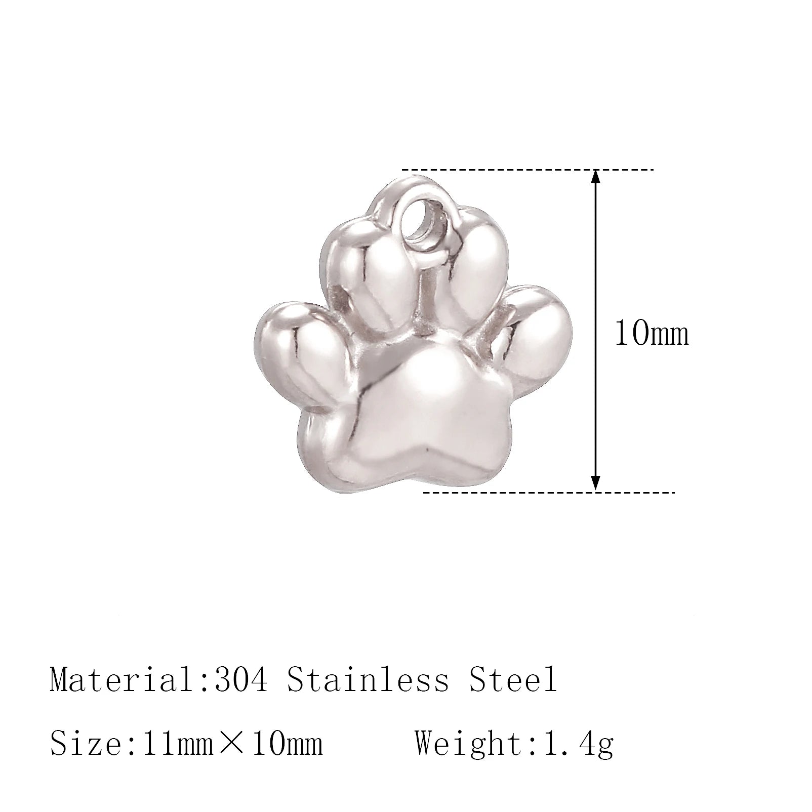 Small 10mm stainless steel cat paw charm for DIY pet jewelry making and custom pet-themed bracelets or necklaces.