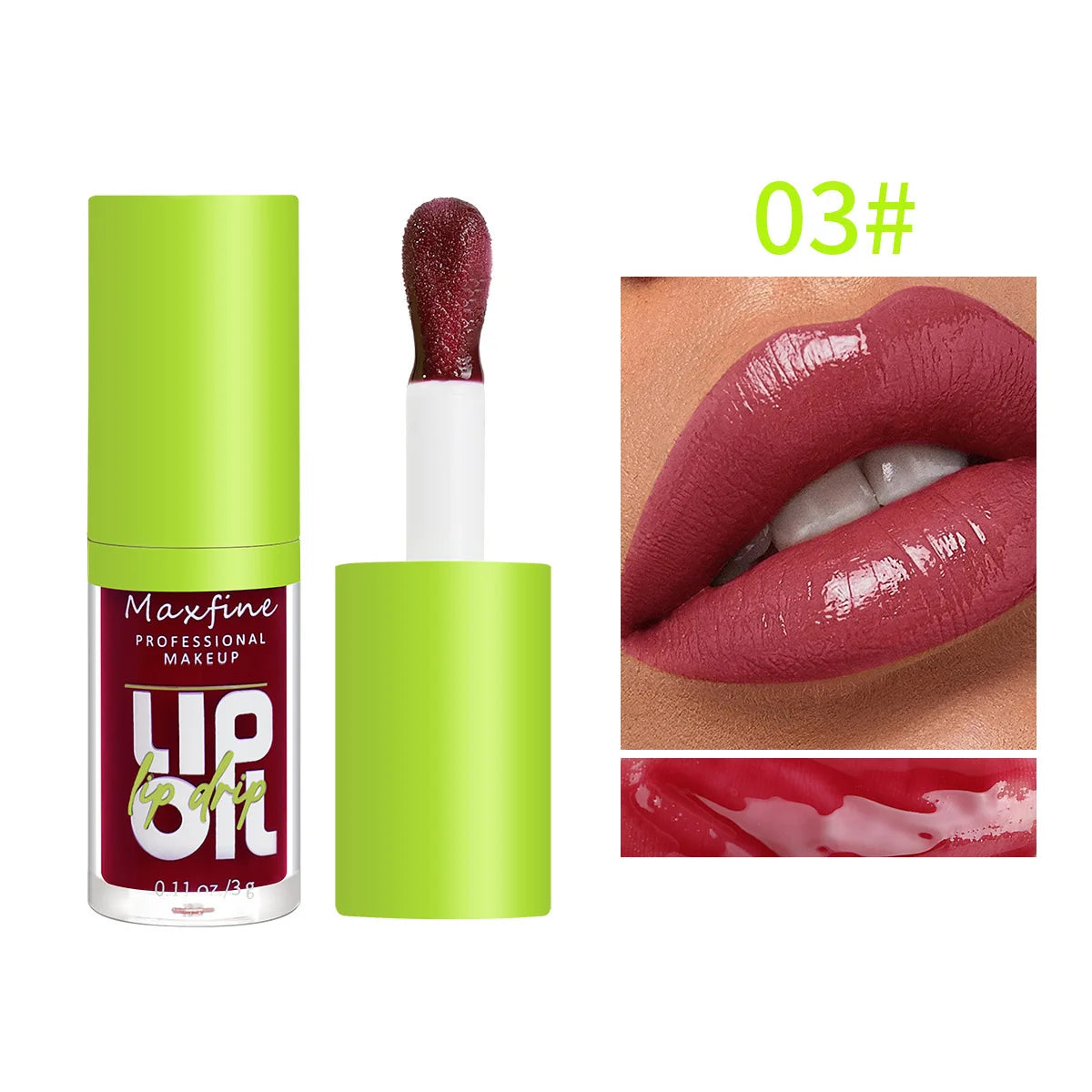 Maxfine waterproof lip gloss in shade 03: a hydrating, high-shine berry red liquid lip color with a smooth finish.