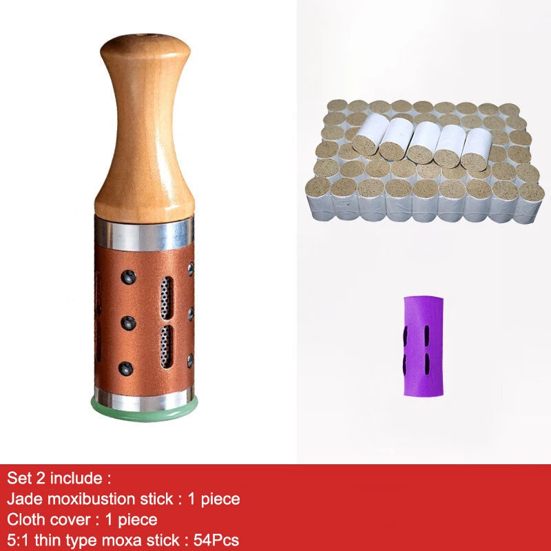Moxibustion tool with wooden handle, copper body, green base, 54 moxa sticks, and a purple cloth cover.