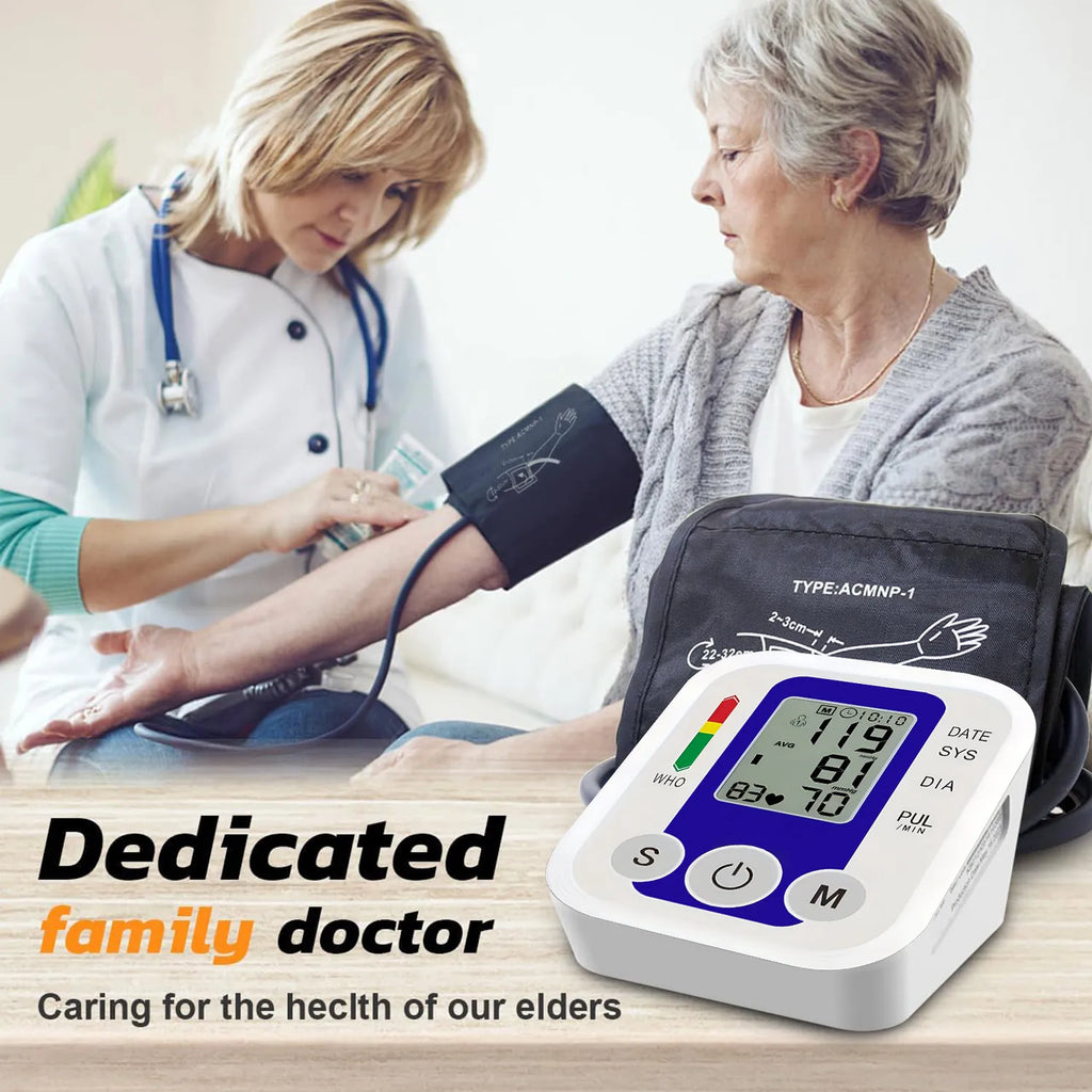 Portable Arm Blood Pressure Monitor BP Automatic Professional Medical Tonometer Digital Tensiometer Heart Rate Monitor White