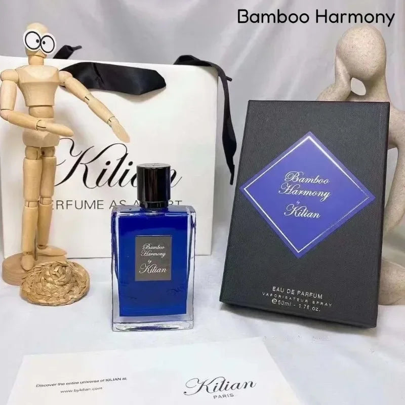 Kilian Bamboo Harmony 50ml EDP: Unisex woody floral perfume in a blue rectangular glass bottle with luxury gift box.