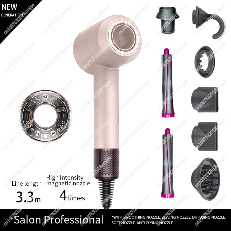 Pink ionic hair dryer with diffuser and concentrator nozzle attachments