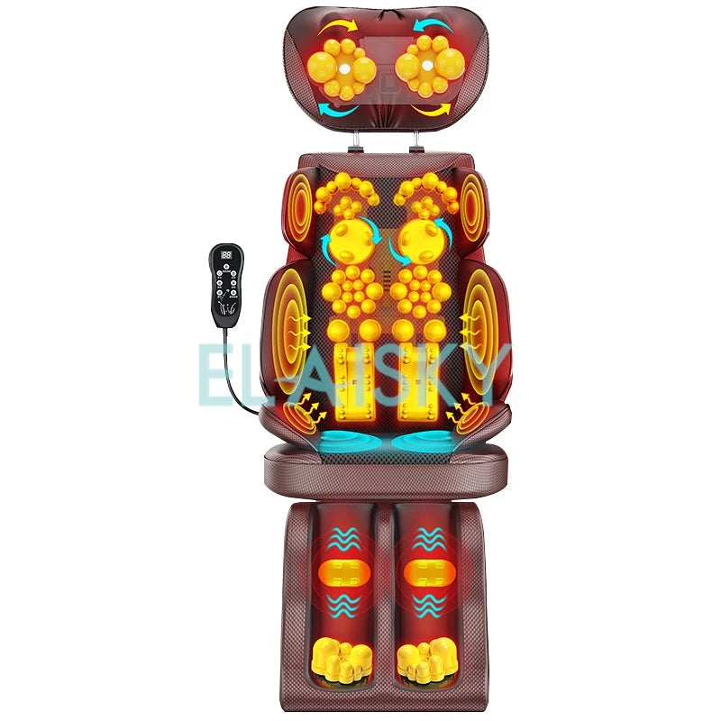 Brown massage chair cushion with heating and rotating massage nodes for neck, back, and leg relaxation. Includes remote.