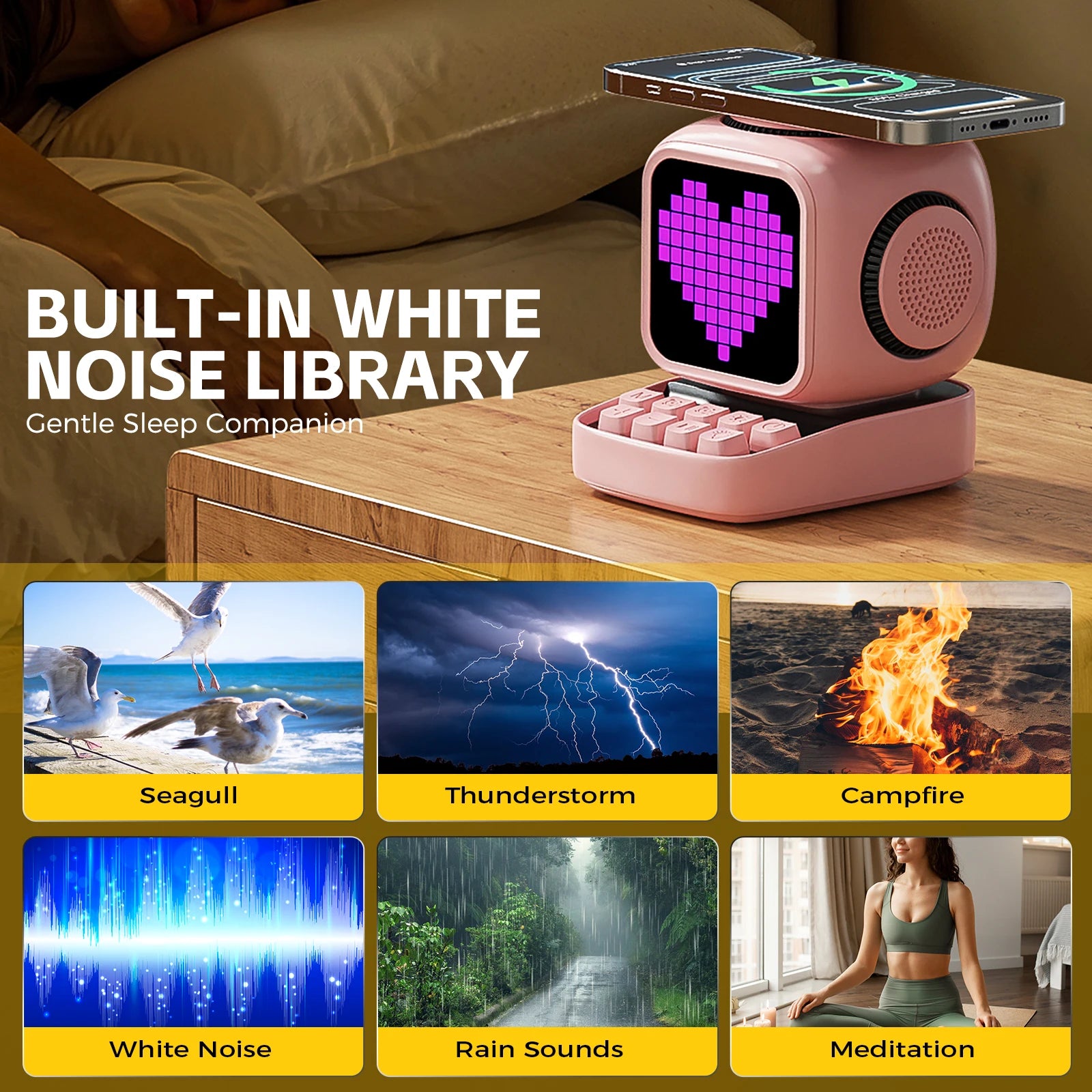 Portable Bluetooth Speaker with 15W Wireless Charger and LED Clock Tidesmit