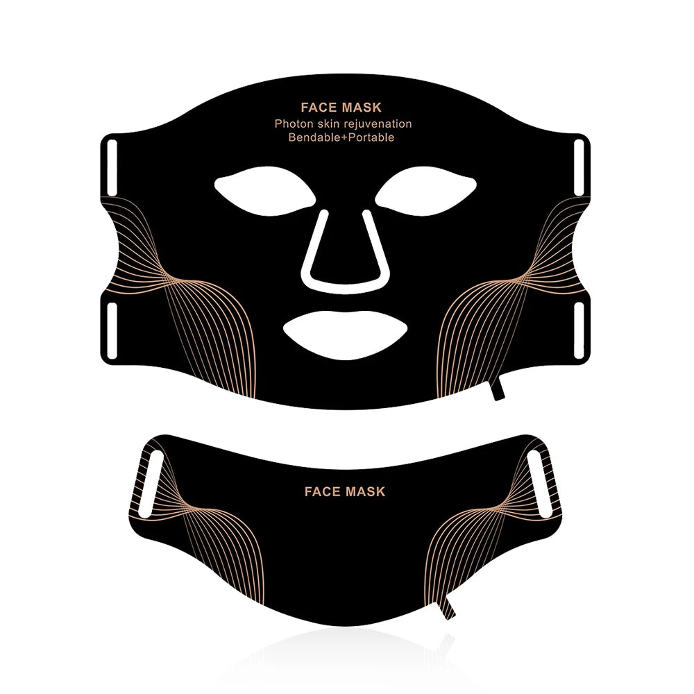 Black flexible silicone LED facial and neck therapy mask set with gold line details against a white background.