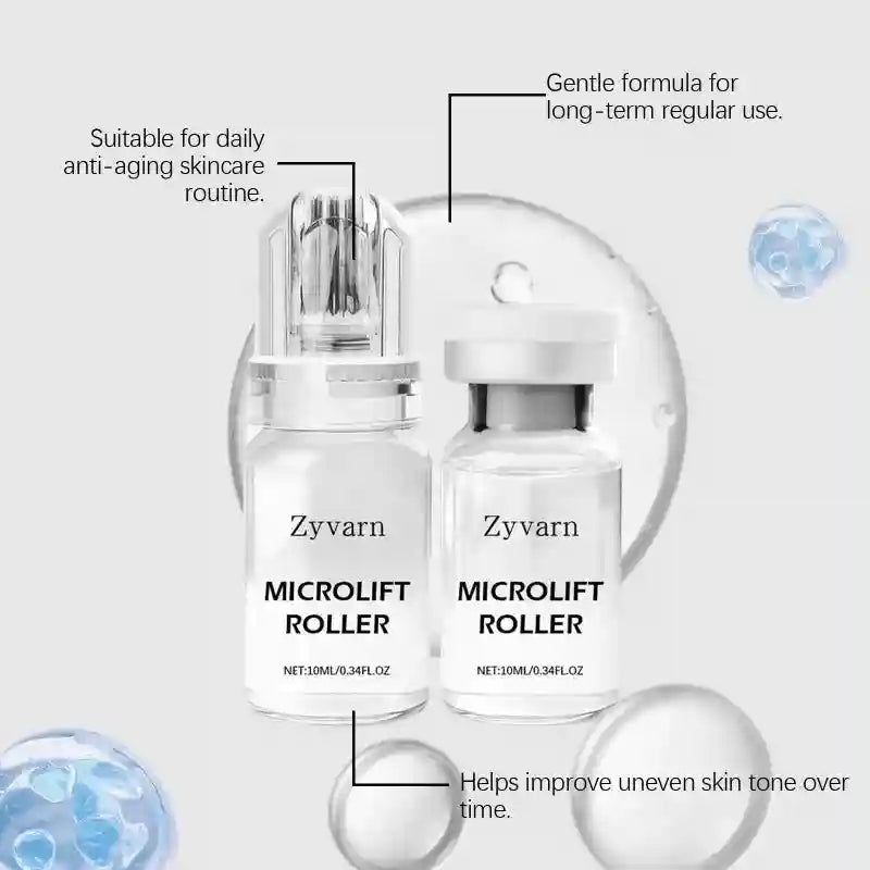 Two Zyvarn Microlift Roller 10ml serum bottles with a clear applicator head against a light, branded background.