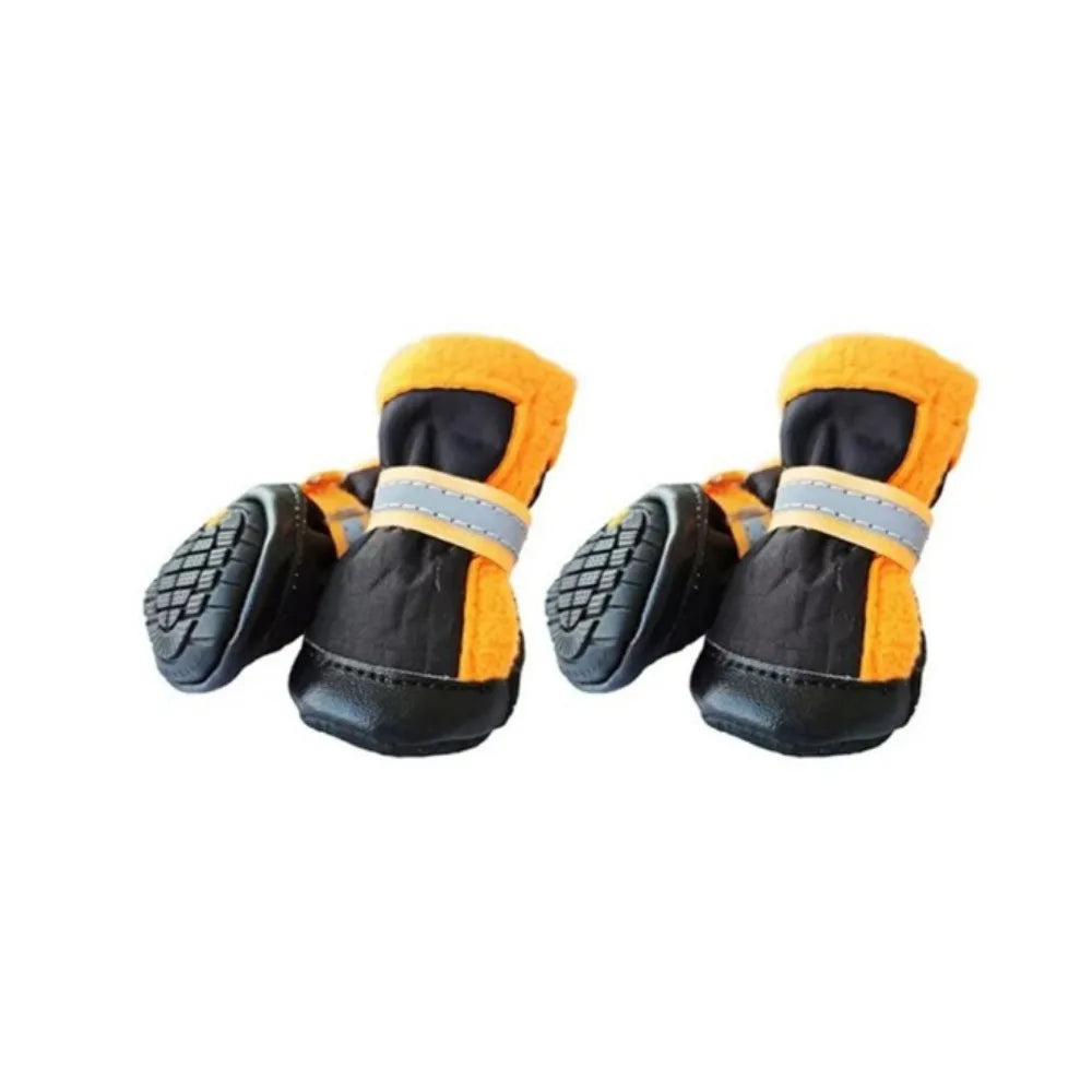 4pcs reflective dog shoes in black and orange. Breathable, anti-slip paw protectors for safe outdoor pet walking.