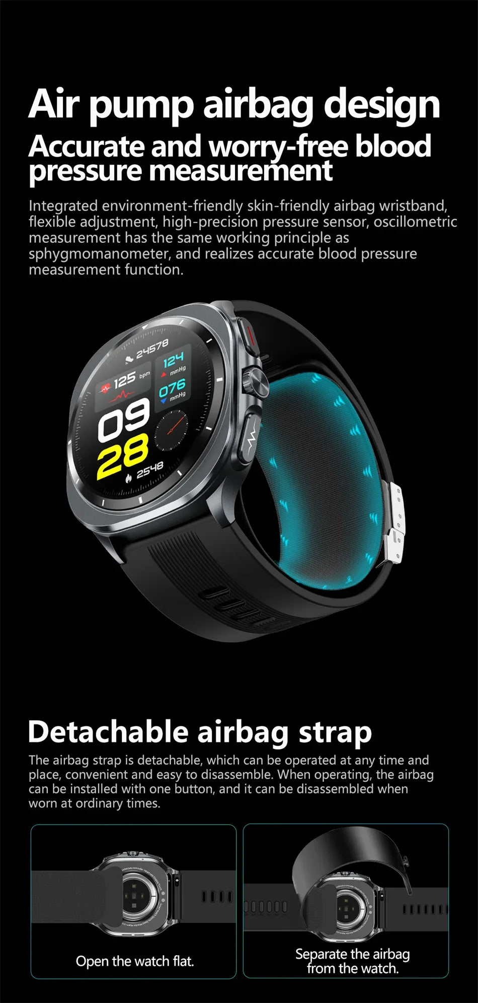 HY Digital Airbag Smartwatch for Huawei, Air Pump True Accurately Blood Pressure Watches Uric Acid Blood Lipids Health Watch Men