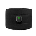 Black abdominal muscle training belt with a central digital controller showing intensity settings and mode controls.