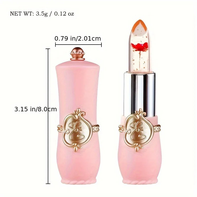 Crystal flower jelly lipstick with moisturizing, temperature-changing formula in a decorative pink tube.