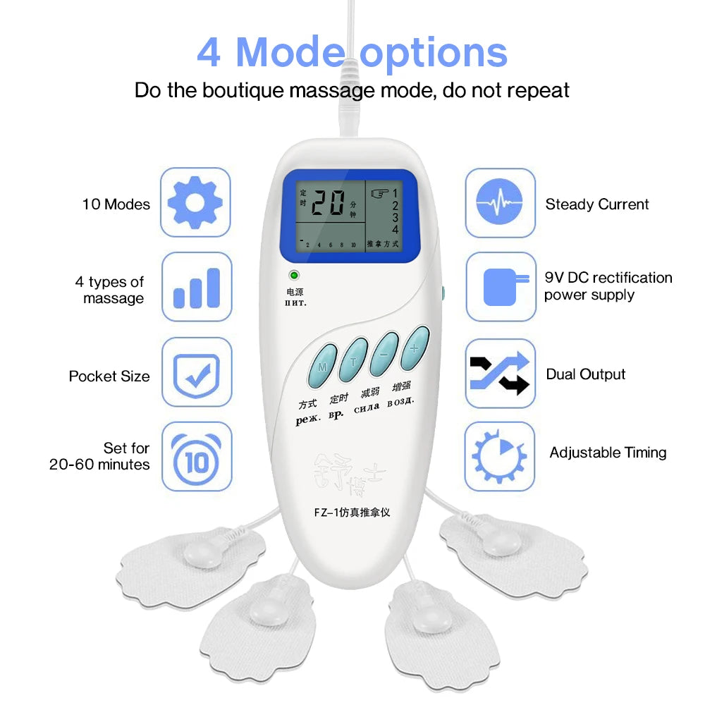 White pocket-size TENS electric muscle stimulator with digital display, 10 massage modes, and 4 therapy electrode pads.