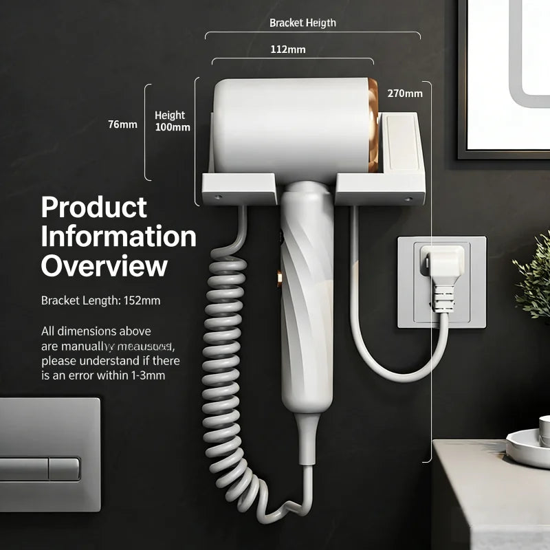 White wall-mounted 1800W hair dryer with coiled cord, gold accent, and dimensions diagram for hotel or home bathroom.