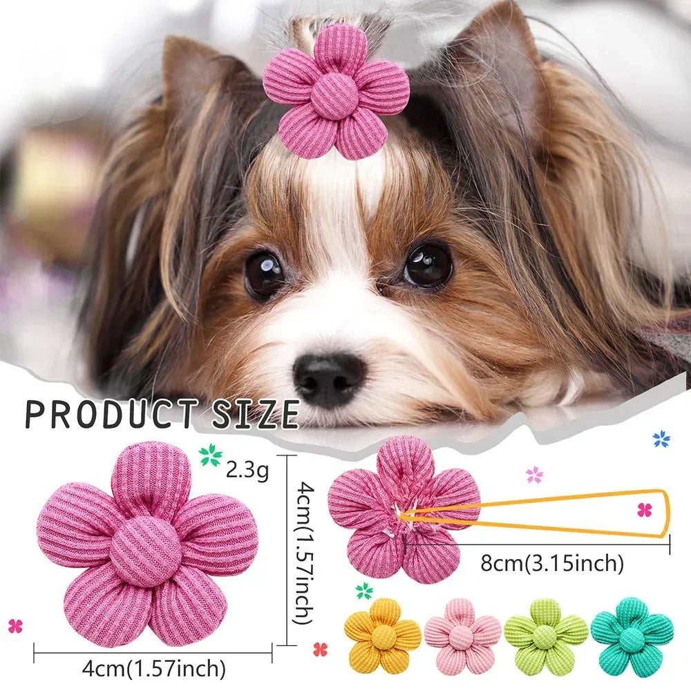 Pink flower hair bow for small dogs and cats. Cute 4cm grooming accessory with secure rubber band for easy styling.