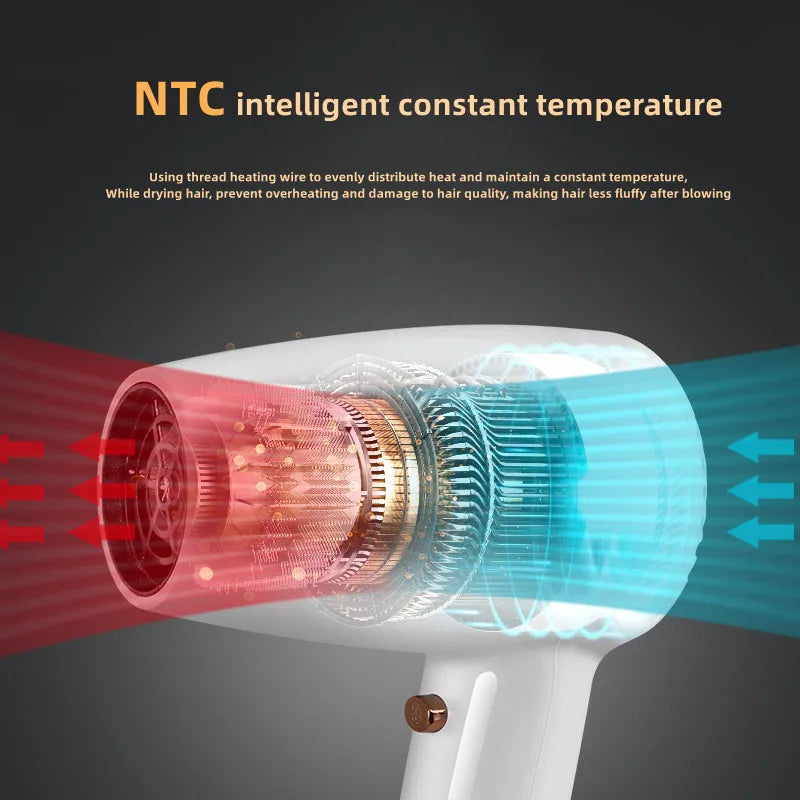 White 1300W hair dryer with NTC constant temperature technology for safe, fast drying and heat-damaged hair prevention.
