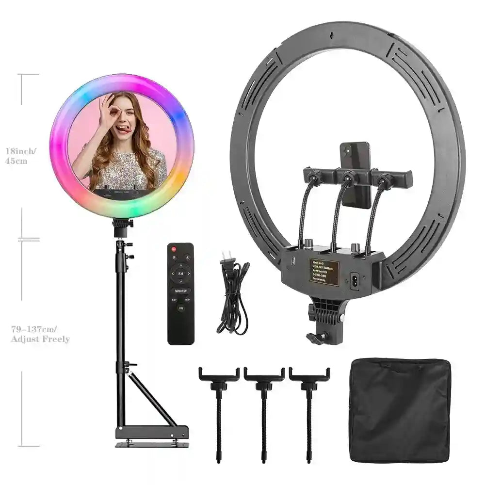 18 Inch RGB LED Ring Light with Tripod - Dimmable Studio Lighting SH-HXD-18RGB-11 Tidesmit