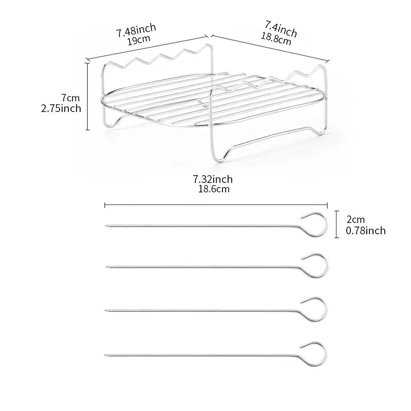 Stainless-steel air fryer grill rack and four skewers with size measurements diagram
