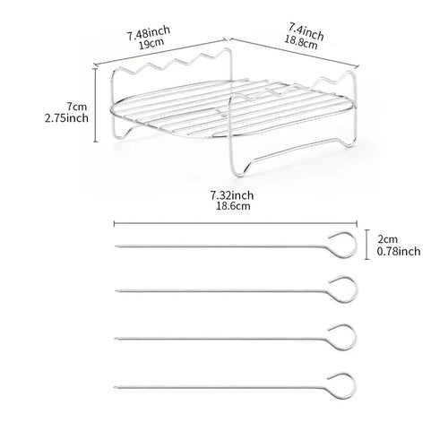 Stainless-steel air fryer grill rack and four skewers with size measurements diagram
