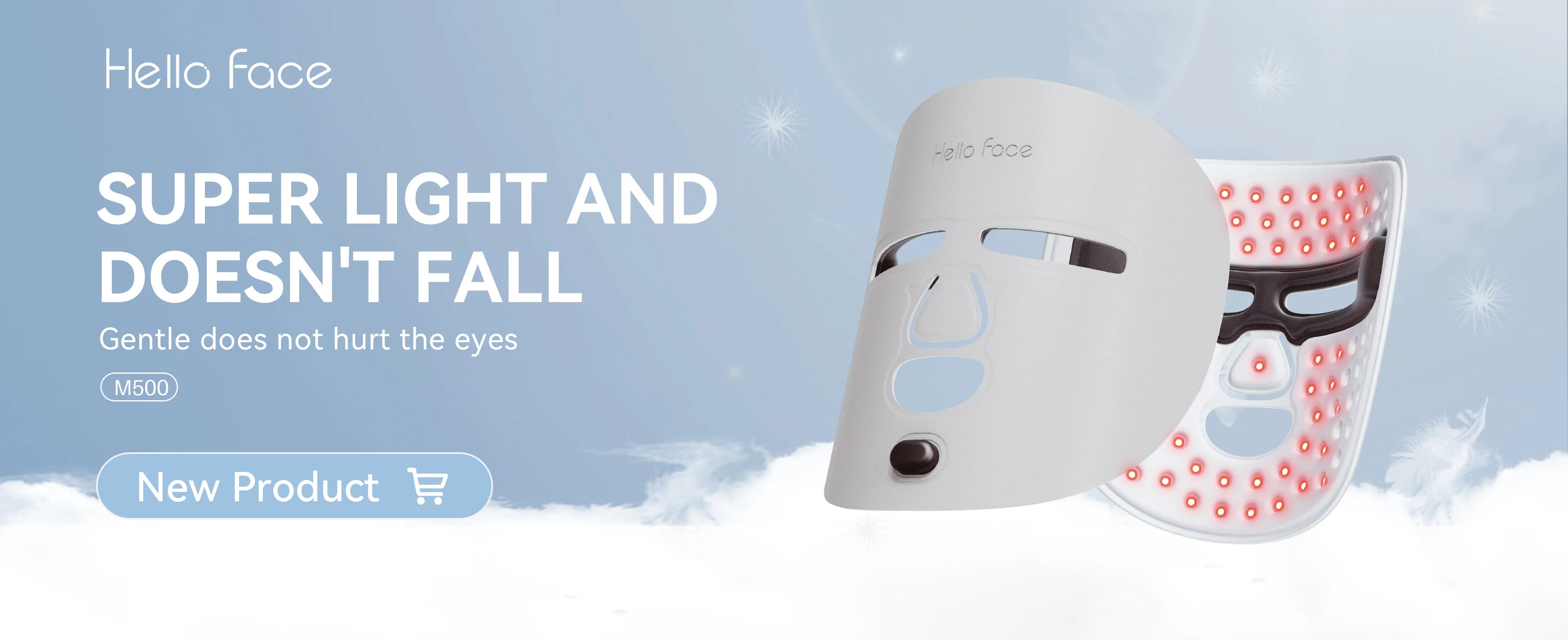 Hello Face LED light mask in white, featuring an inner grid of red light diodes on a light blue, cloudy background.