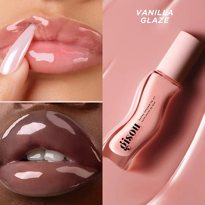 Gisou Honey Infused Lip Oil in Glazed Plum and Vanilla Glaze for high-shine, plumping, and hydrating lip care.