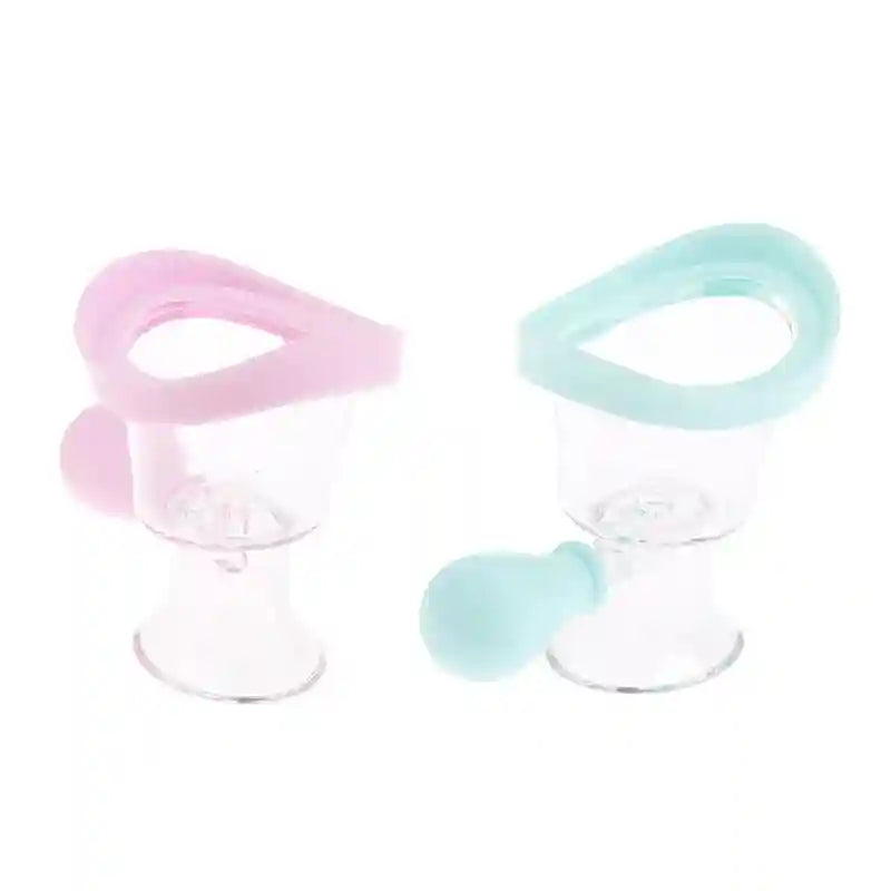 Two reusable silicone eye wash cups in pink and blue for gentle eye flushing and rinsing.