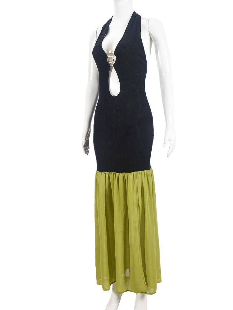 Kliou Halter Patchwork Maxi Dress Women Elegant Contrast Colors Draped Backless Low Neck Sheath Robe Mujer High Street Vestidos