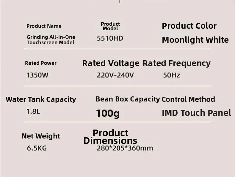 Moonlight White 5510HD all-in-one coffee maker with touchscreen, 1.8L water tank, and 100g bean hopper capacity.